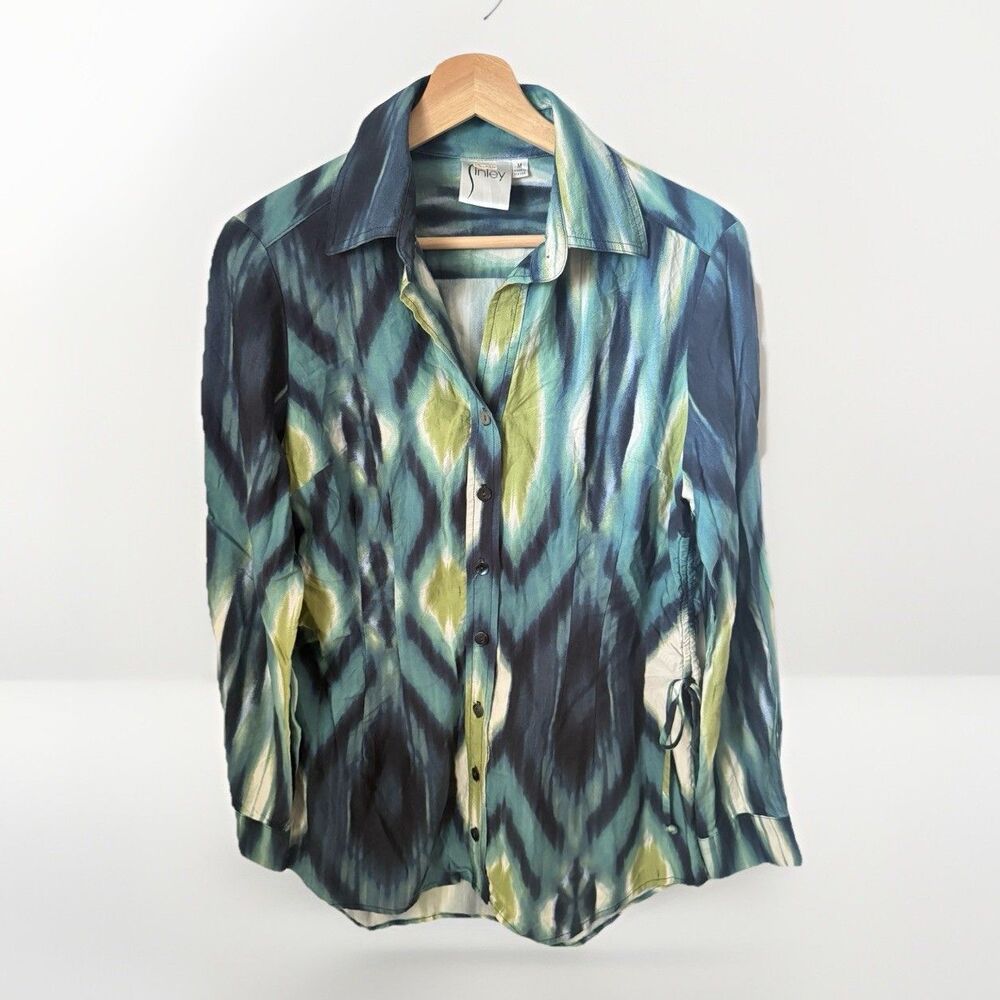 Finley Top Women's Blue Green M Cat Eye Print Watercolor Side Lace Up Shirt